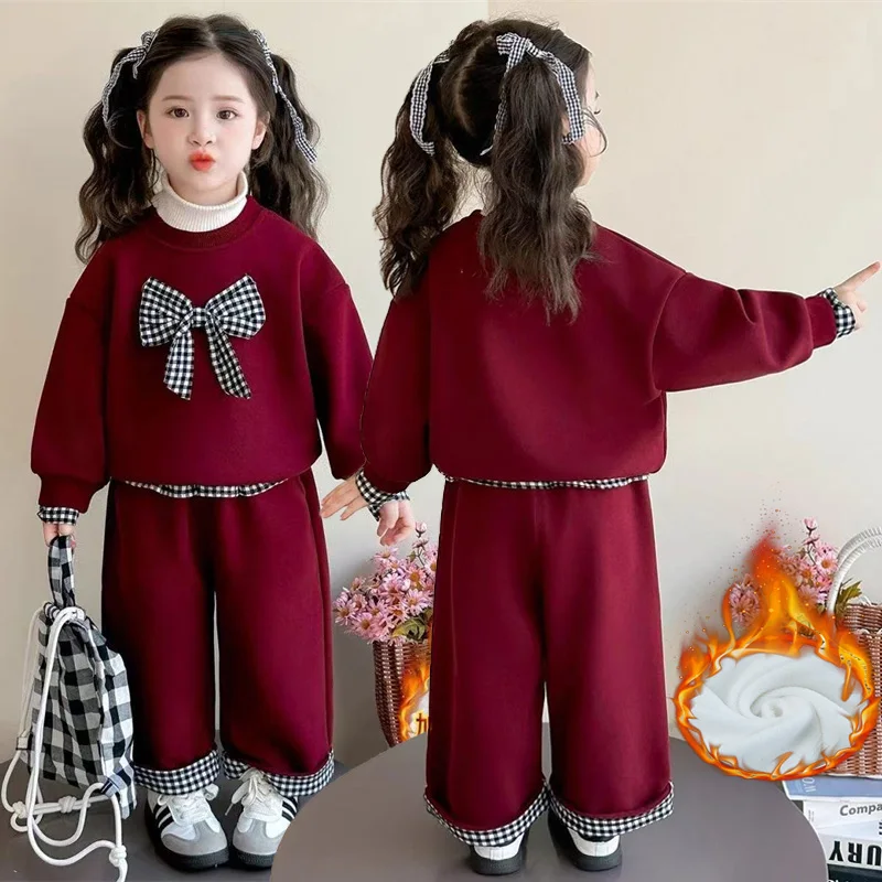 

Флисовый комплект для девочек, детская модная одежда, костюмы, новинка 2023 года, детский осенний свитшот с бантом, свободные штаны, повседневная одежда принцессы из 2 предметов