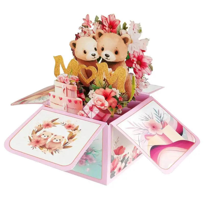 3D Pop Up Flower Cards Creative 3D Pop-up Bear Mother's Day Card Durable Greeting Cards With Exquisite Craftsmanship For Mother