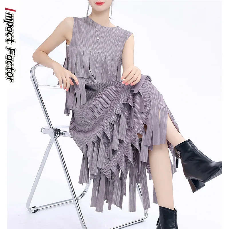 Miyake Dress 2024 Spring/Summer New Small Style Design Sense Tassel Sleeveless Round Neck Fashion Pleated Midlength Dress