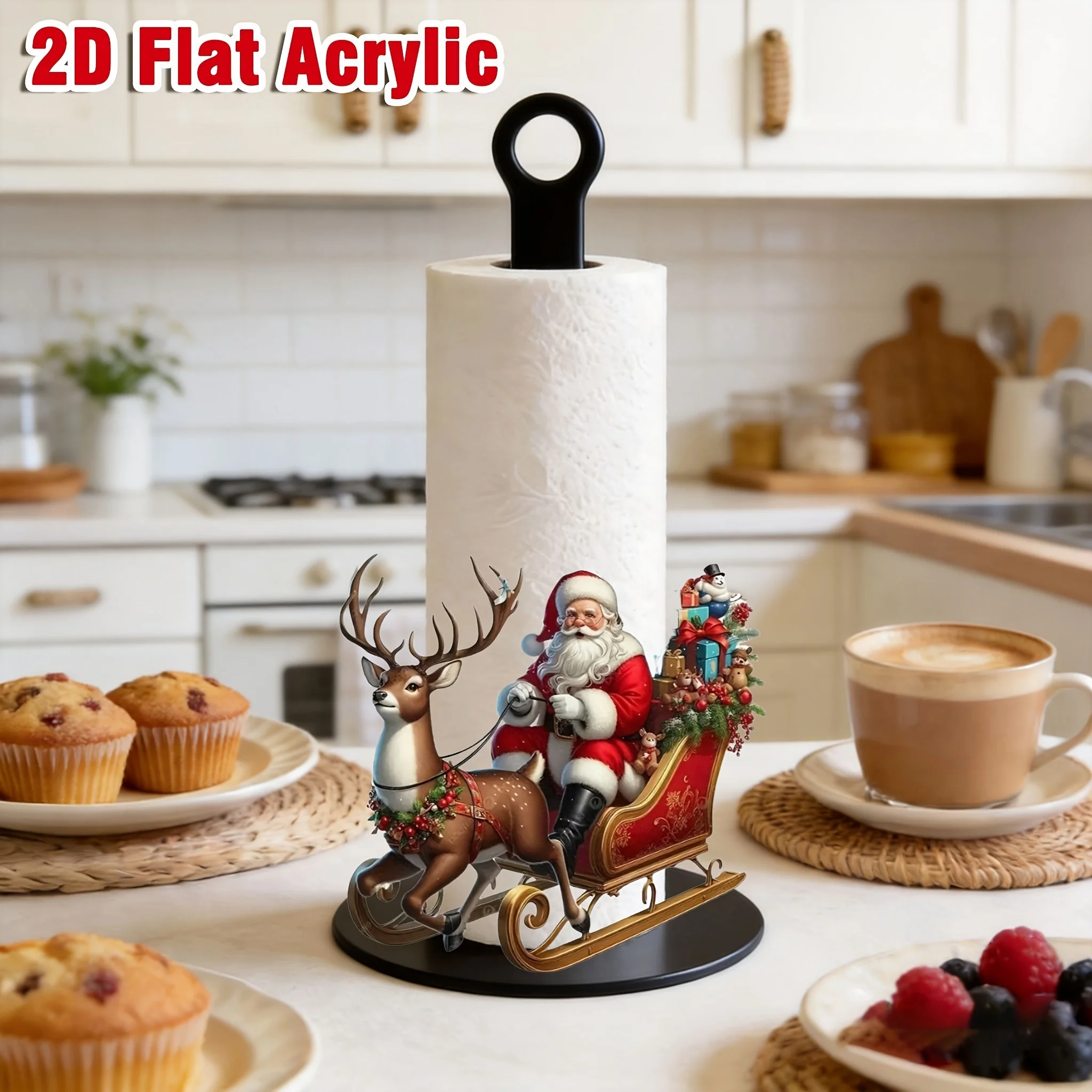 2/1 Piece Acrylic Countertop Standing Paper Towel Holder Decorated with Reindeer, Sleigh, and Santa Claus Motifs (2D Flat Design), 2D Printed Pattern, Kitchen Paper Towel Holder, Home Party Decoration and Storage Paper