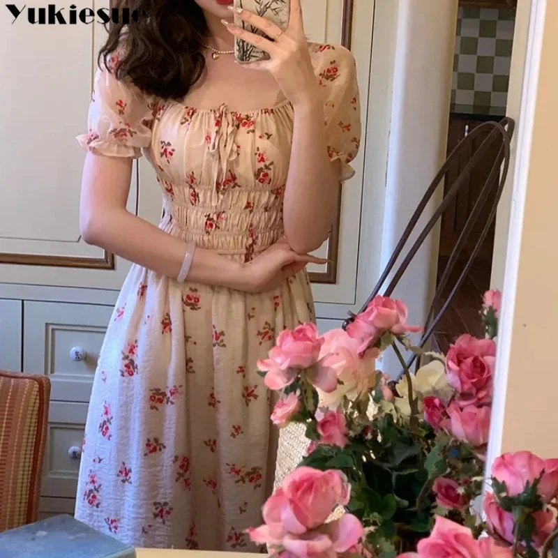 Summer Casual Print Short Sleeve Square Neck Floral Corset Long Dresses Vestidos Fashion Vintage Womens Sweet Lace-up Boho Dress