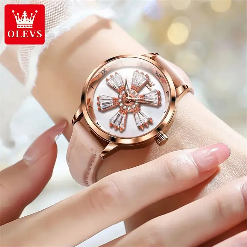 OLEVS 5579 New In Rotation Dial Quartz Watch for Women Leather Strap Fashion Elegant Ladies Wristwatches Luxury Girls Dress Set