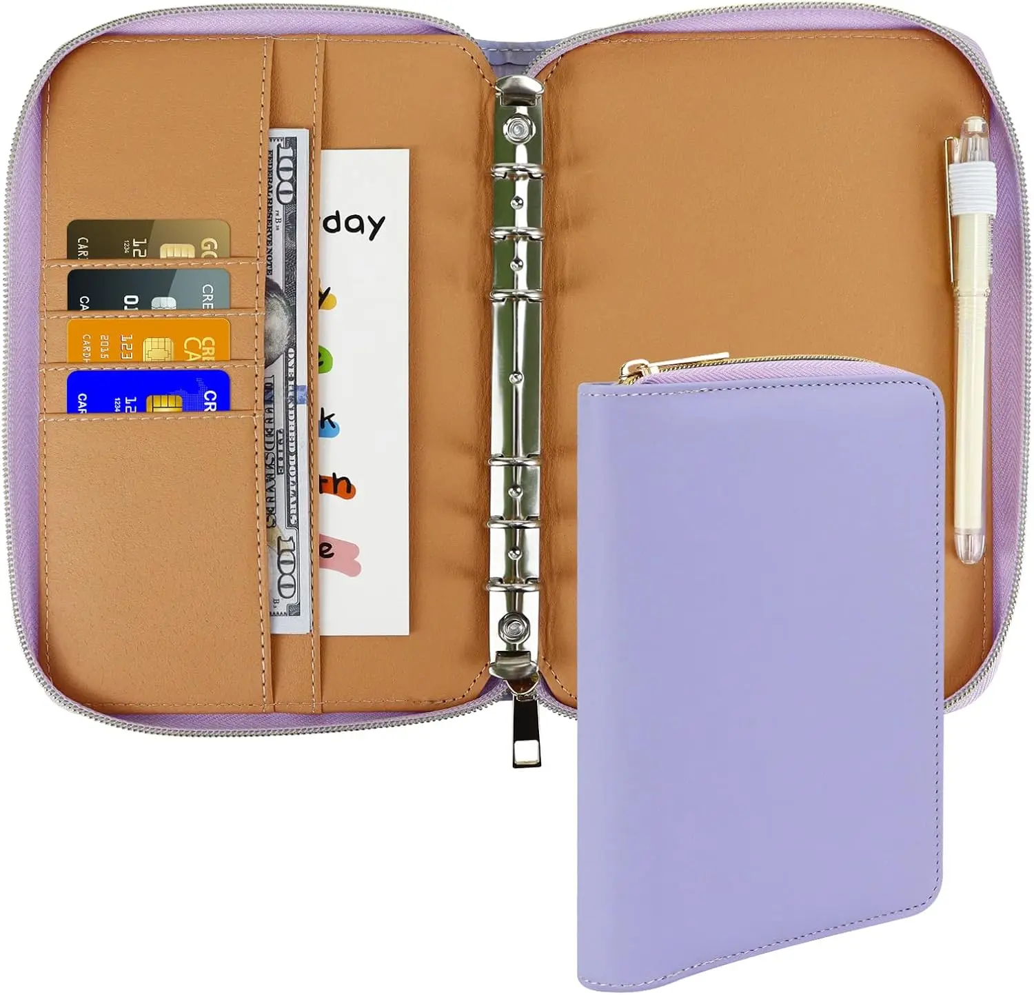 A6 Leather Budget Binder Cash Envelopes System All in One Money Wallet Budget Planner 6 Ring PU Leather Notebook with Zipper