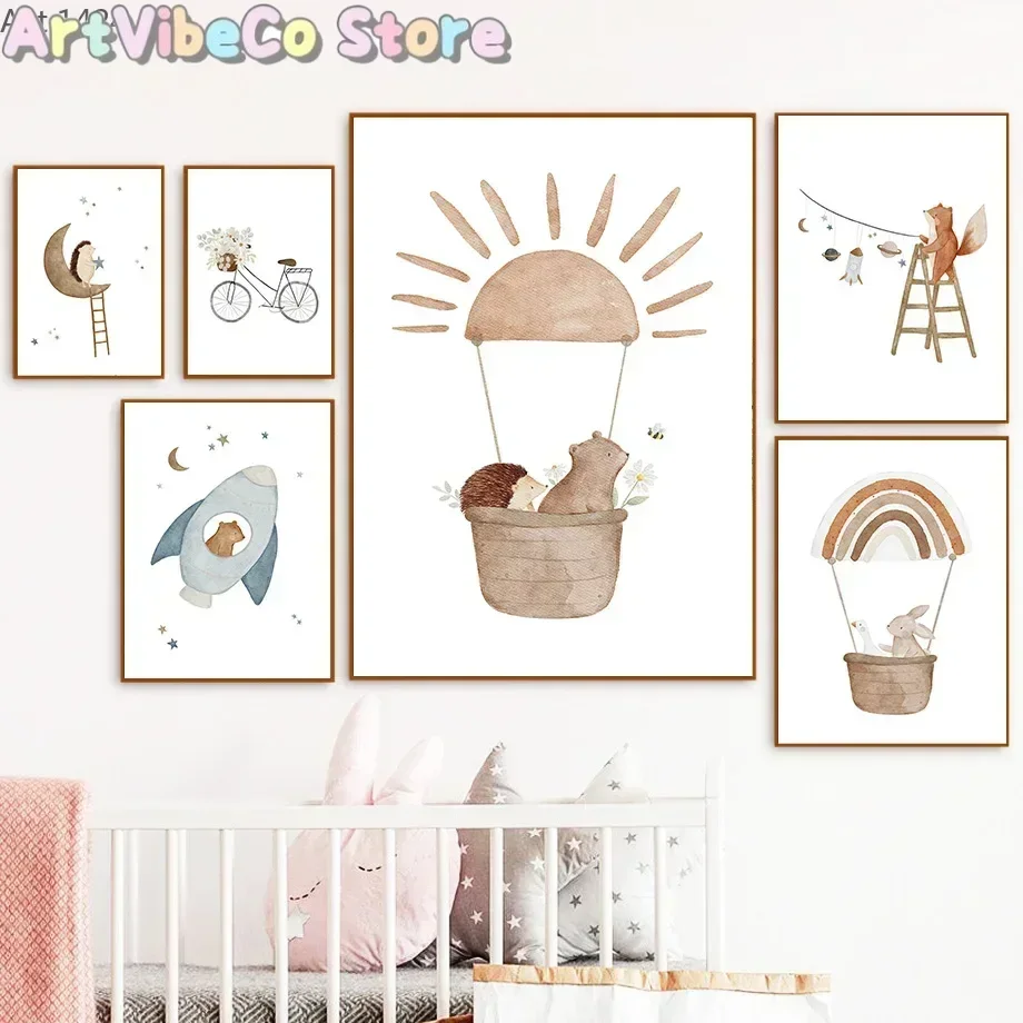 Boho Space Rocket Bear Rabbit Hedgehog Bee Flowers Nursery Posters Wall Art Print Canvas Painting Baby Kids Room Home Decorat
