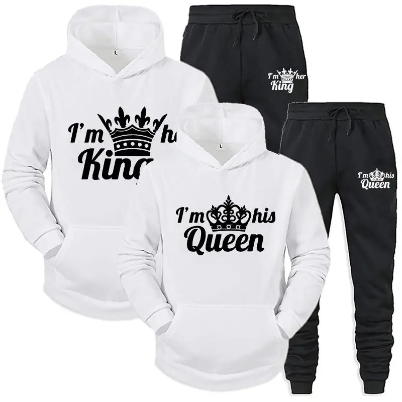 2024 new Lover Tracksuit Hoodies Printing QUEEN KING Couple Sweatshirt Plus Size Hooded Clothes Women Two Piece Set