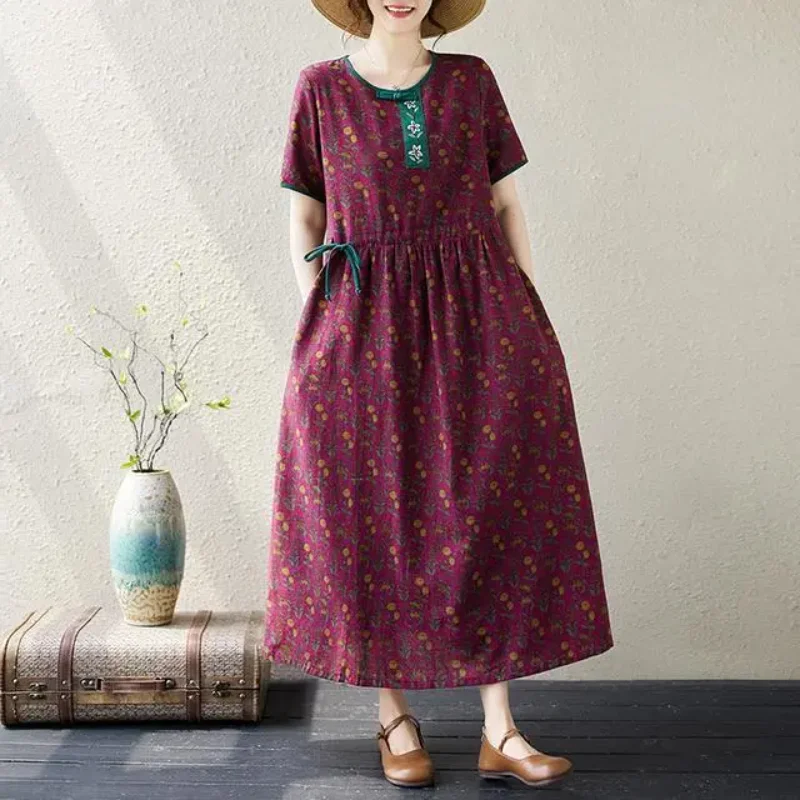 Women's Burgundy Floral Print Round Neck Short Sleeve Drawstring Waist Midi Casual Linen Dress