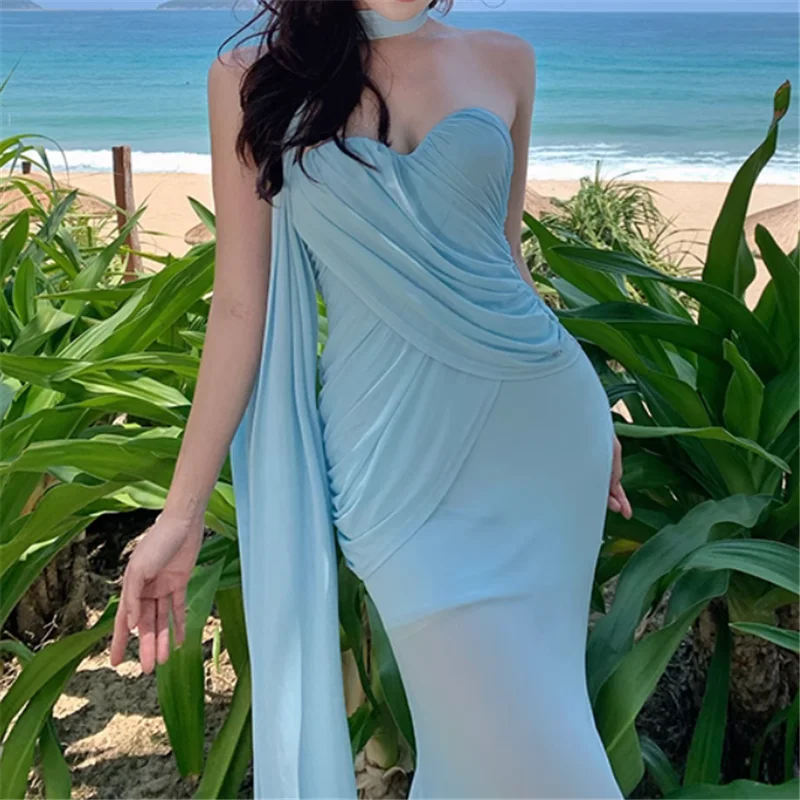 Abito lungo estivo senza spalline blu sirena splendido Spice Girl Slash Neck aderente abito da sera trasparente a coda di pesce da spiaggia in rete