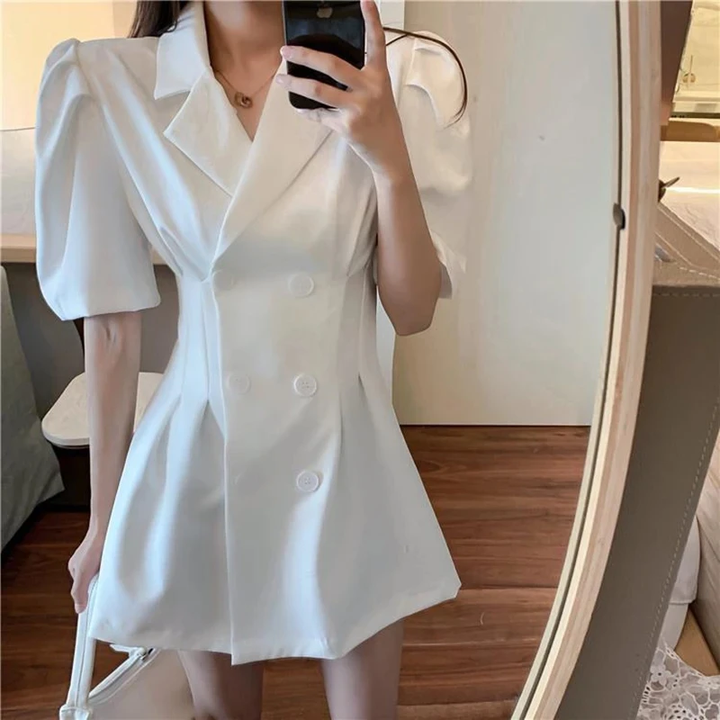 GIDYQ Elegant Puff Short Sleeve Blazer Dress Women Korean Double Breasted Office Ladies Slim Dresses White All Match Suit Dress