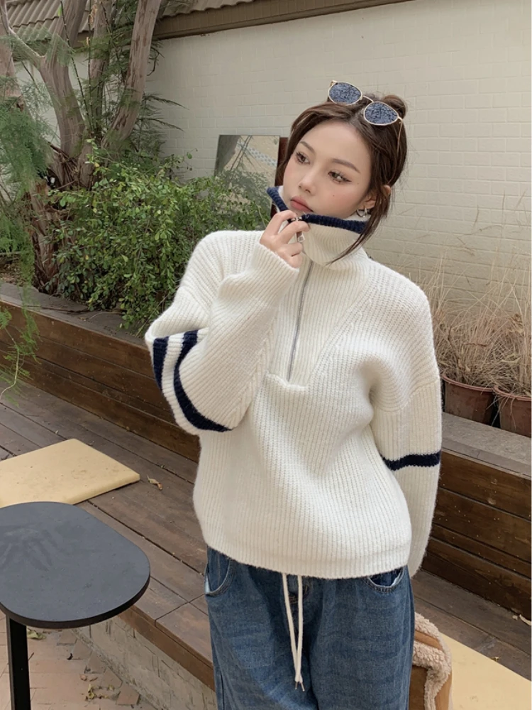 Knit Sweater Women 2024 Winter New Zippers Turtleneck Pullovers Korean Fashion Grey White Vintage High Collar Women\'s Sweaters