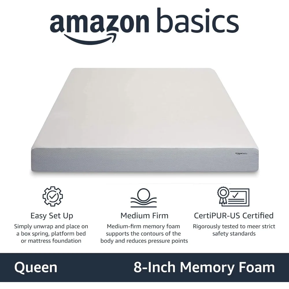 Basics Traagschuim Matras, Medium Stevig, 8 Inch, Koningin, Wit/Grijs