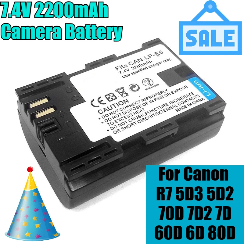 7.4V 2200mAh LP-E6 Camera Battery,for Canon R7 5D3 5D2 70D 7D2 7D 60D 6D 80D