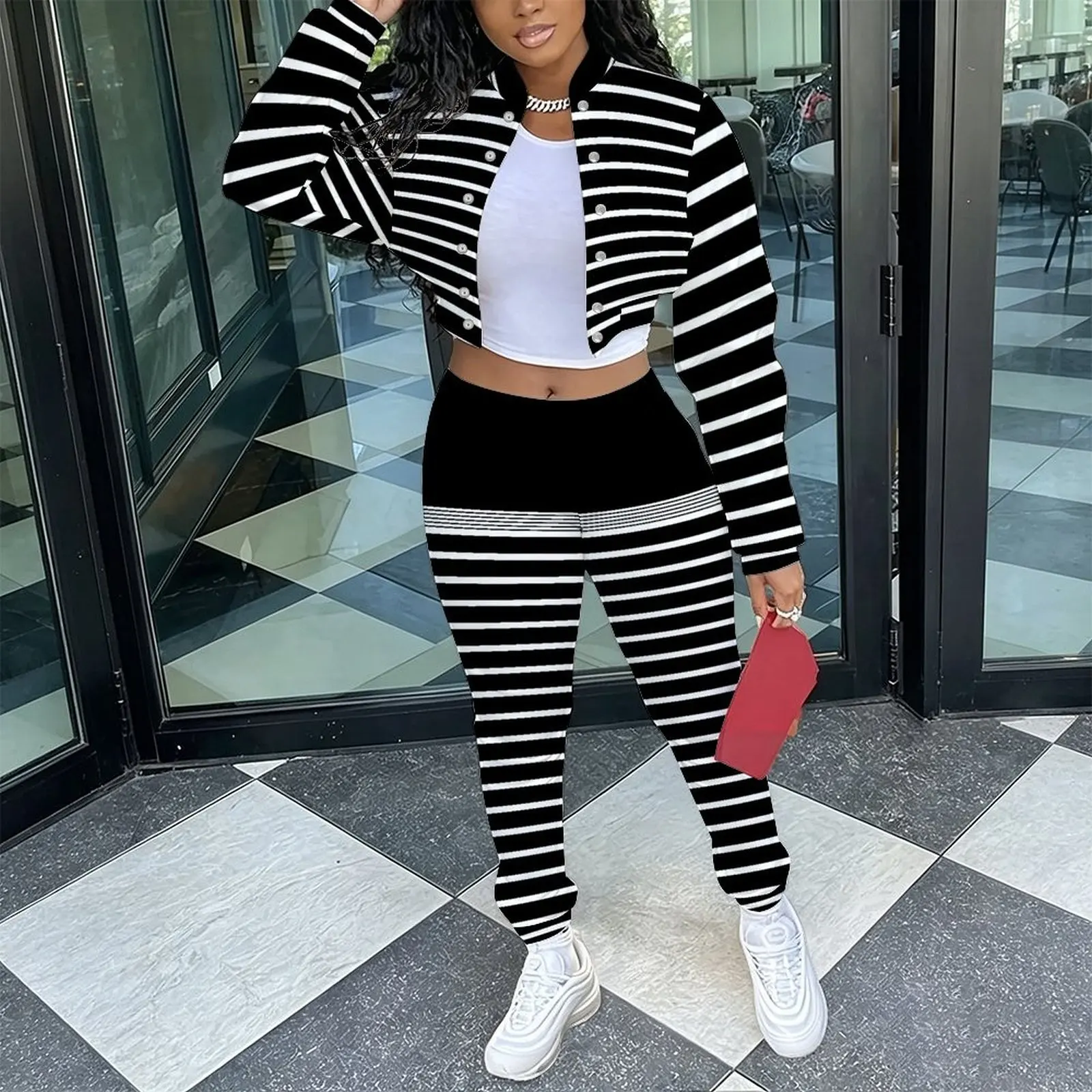 Women's Retro Fashion 2 Piece  Elegant Stand Collar Long Sleeve Jacket Casual Everyday Commuting Sport Pants