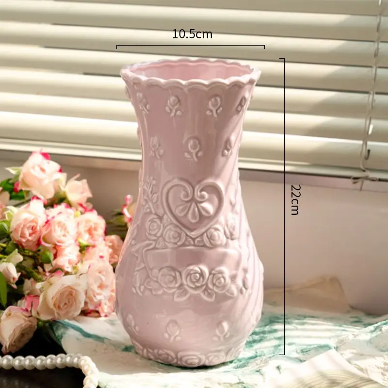 Ornaments European Style Retro Relief Rose Imitation Ceramic Vase Living Room Senior Sense Desktop Home Decoration