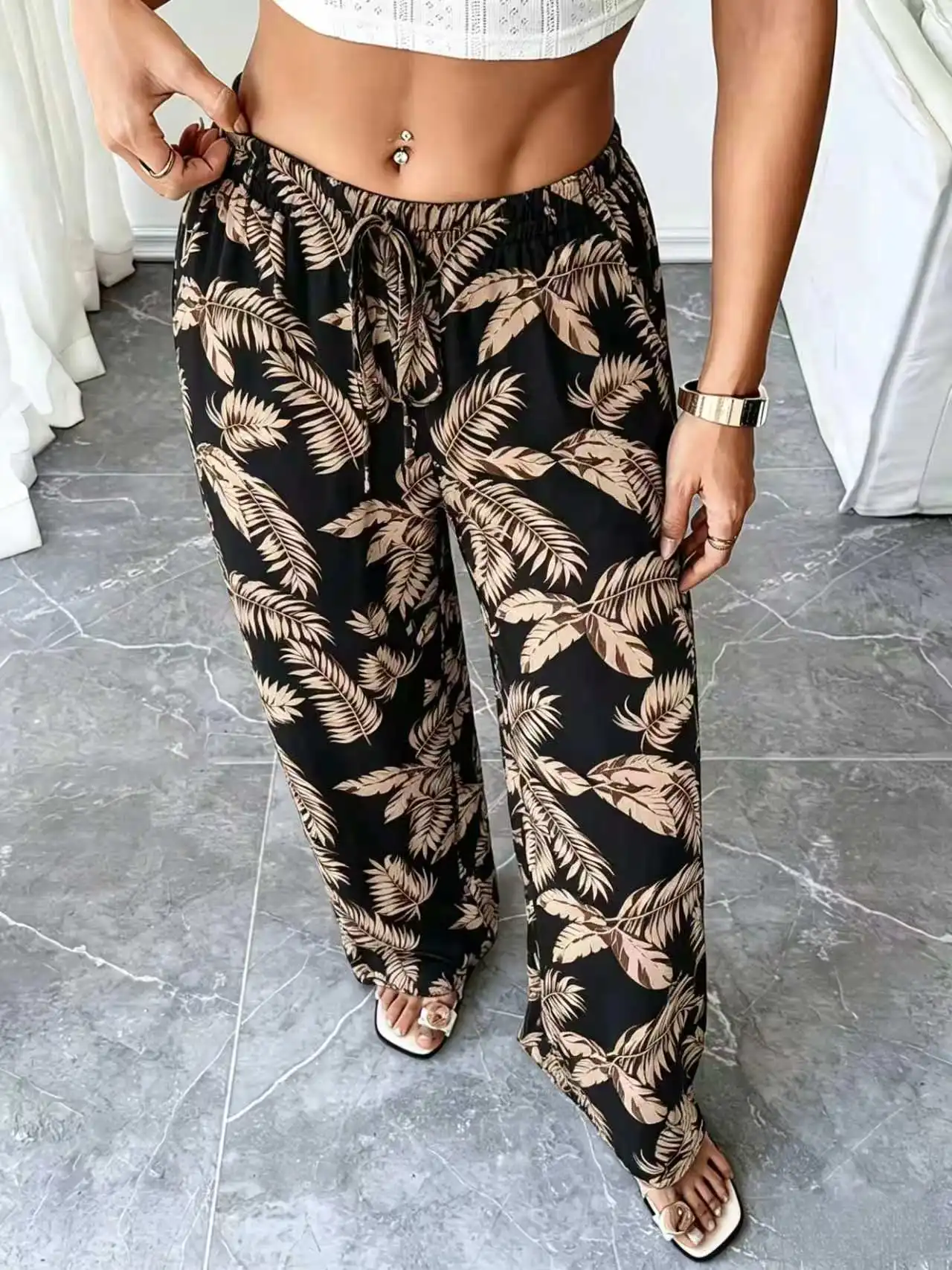 Summer Thin Chiffon Leaf Wide Leg Pants Loose Elastic Waist Floor-Length Loose Straight Long Trousers for Beach Vacation