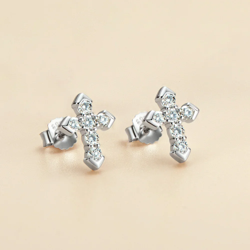 LinkerLove S925 Sterling Silver Moissanite Cross Stud Earrings Fine Jewelry Gift for Women Christmas Party Baptism Easter Gift