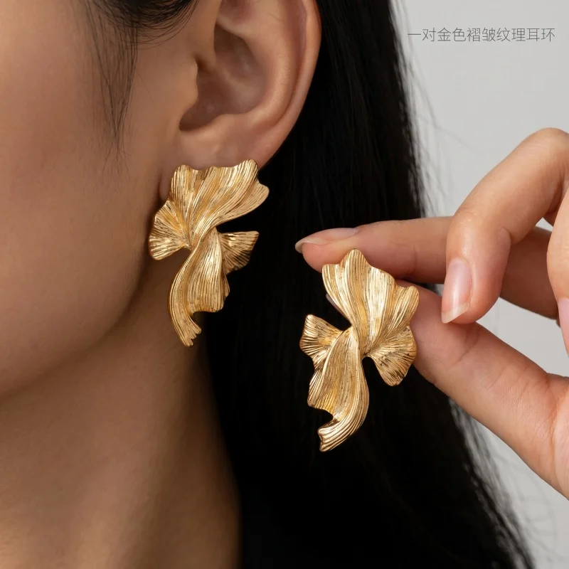 Gold Color Abstract Wave Earrings Textured Leaf Statement Studs For Women Everyday Wear, Parties & Date