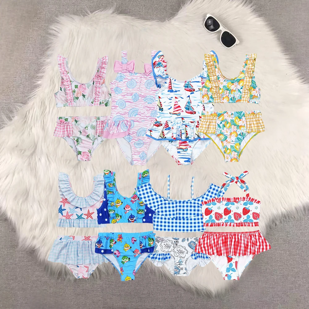 

S0318 New Arrival baby girls clothes Flower pink plaid lace swimsuit set Wholesale Summer boutique kids clothes girl sets