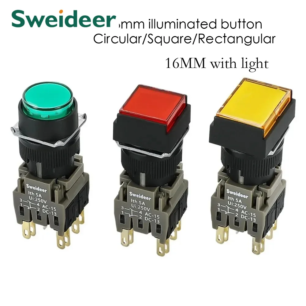 

12V24V220V round square rectangular button light opening 16 self-locking self resetting small start stop button 16mm