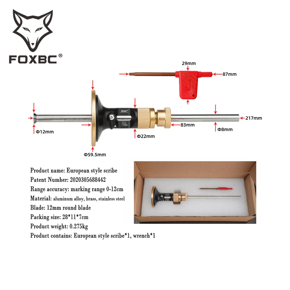 FOXBC calibro per marcatura ruote Scriber per marcatura del legno con 2 frese di ricambio strumento per scriba in legno con barra in metallo massiccio per carpentiere