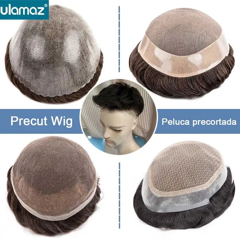 Haircut Lace Wig Male Hair Prosthesis Mono Hair System For Man Prestyle Lace PU Wigs Human Hair Skin Men Wig Precut Hair Wig
