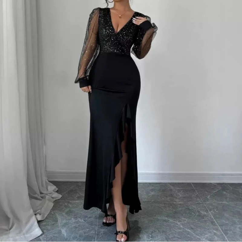 2026 春夏ニットドレス エレガント セクシー Vネック スリム スパンコール スプライシング 伸縮性ドレス ファッション スリット ロングドレス