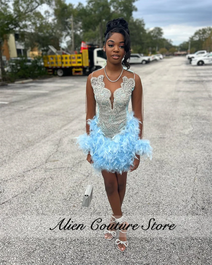 فستان حفلة موسيقية ماسي أزرق لامع للنساء ، أحجار راين لامعة ، فساتين فاخرة ، أكمام طويلة ، ريش ، فستان أعياد ميلاد للفتيات ذوات البشرة السمراء