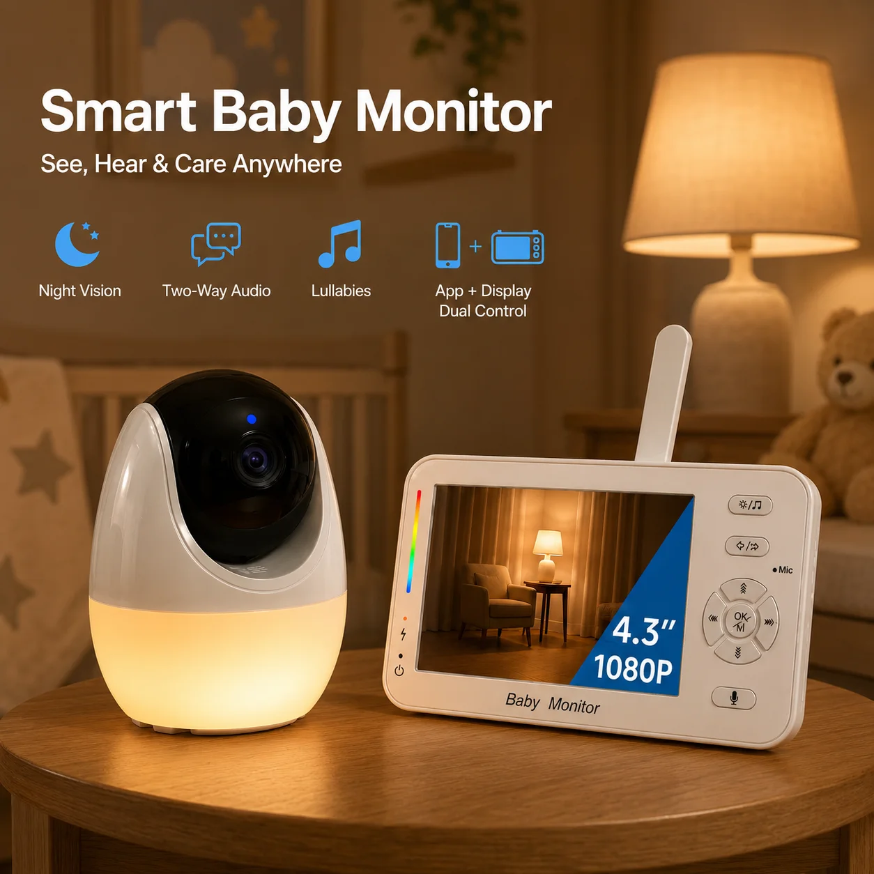 Audio Music Apps - Slimme babyfoon met nachtlampje 4,3'' 1080P