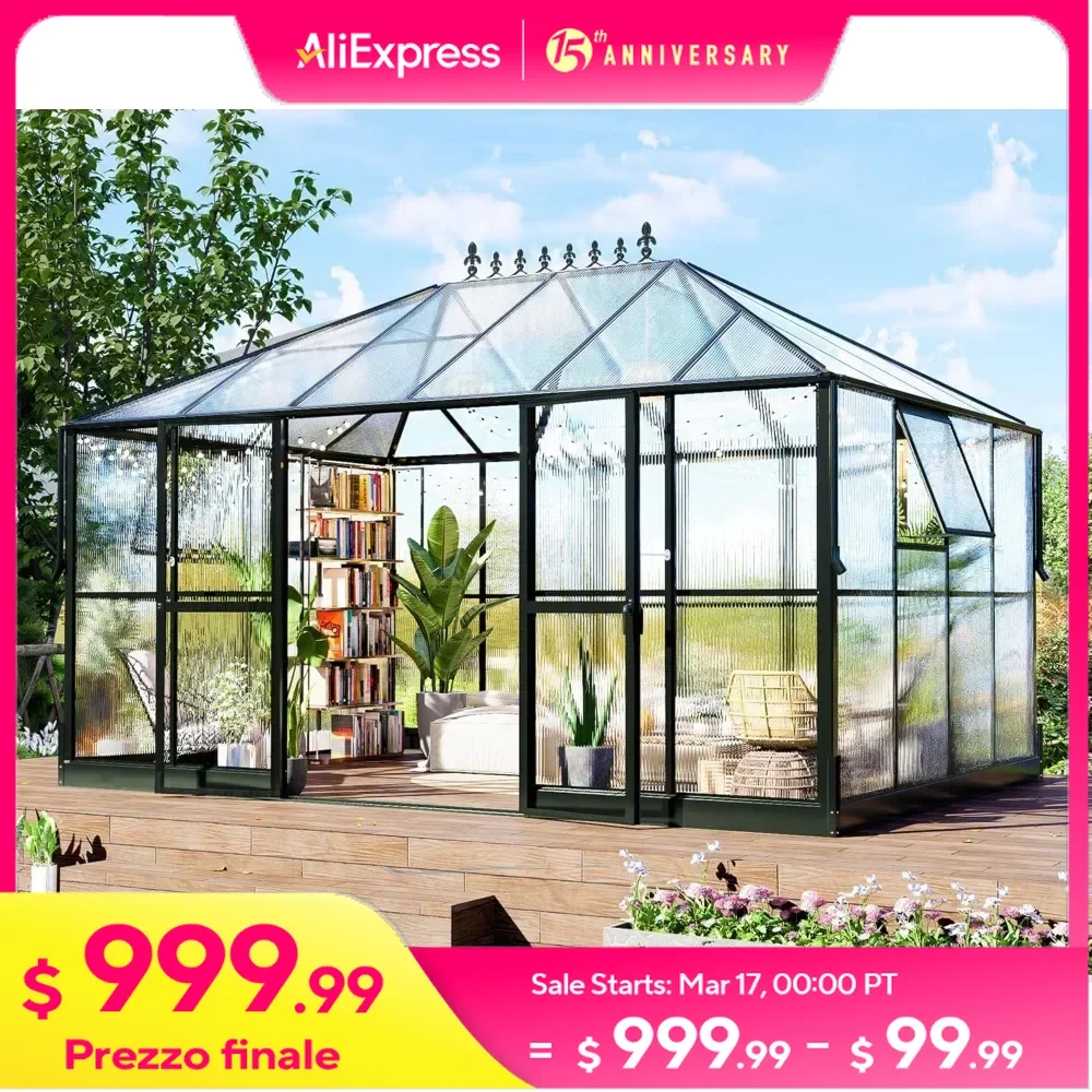 14x9.5x9 FT Greenhouse with 2 Vents, Double Swing Doors 6FT Added Wall Height, Walk-in Large Aluminum Winter Sunroom Greenhouse