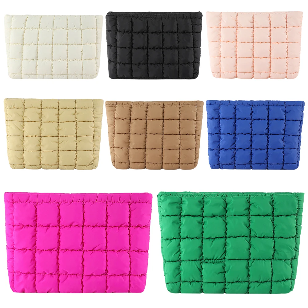 Quilted Makeup Bag Puffy Makeup Organizer Storage Bag with Zipper Cosmetic Organizer Case Solid Color for Women Girls