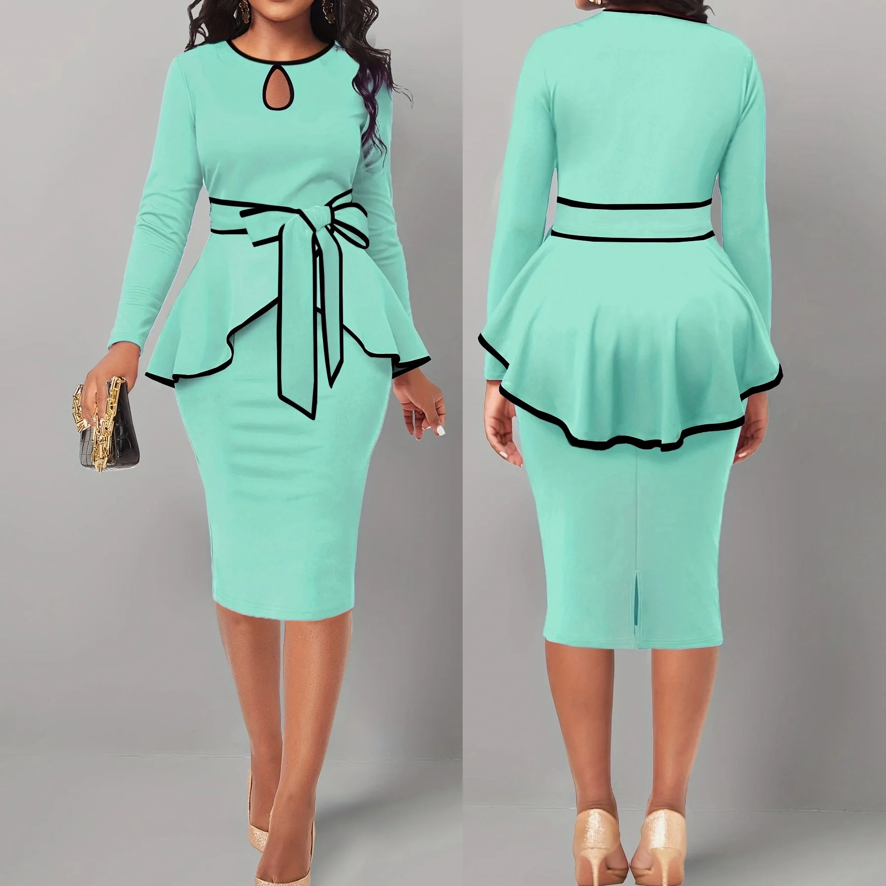 

Elegant Peplum Dresses for Women Business Knee Length Vintage Bodycon Dresses