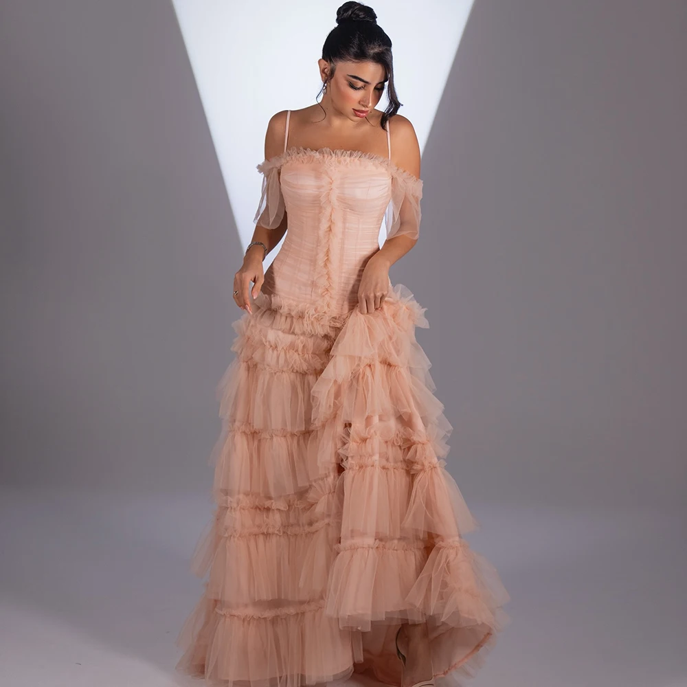 Customized Off the Shoulder Simple Tulle Evening Dress Ruffles Sleeveless A-line Party Dress Straps Backless Floor Length Gowns