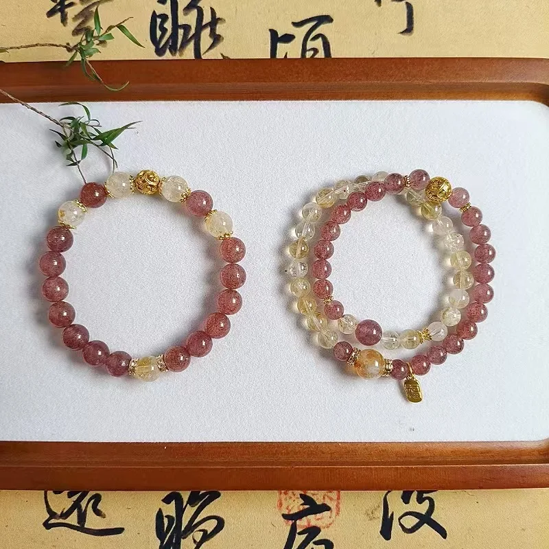 

Женский браслет из натуральных клубничных желтых кристаллов с двойным кругом и бусинами, привлекающий богатство и любовь, лучший подарок