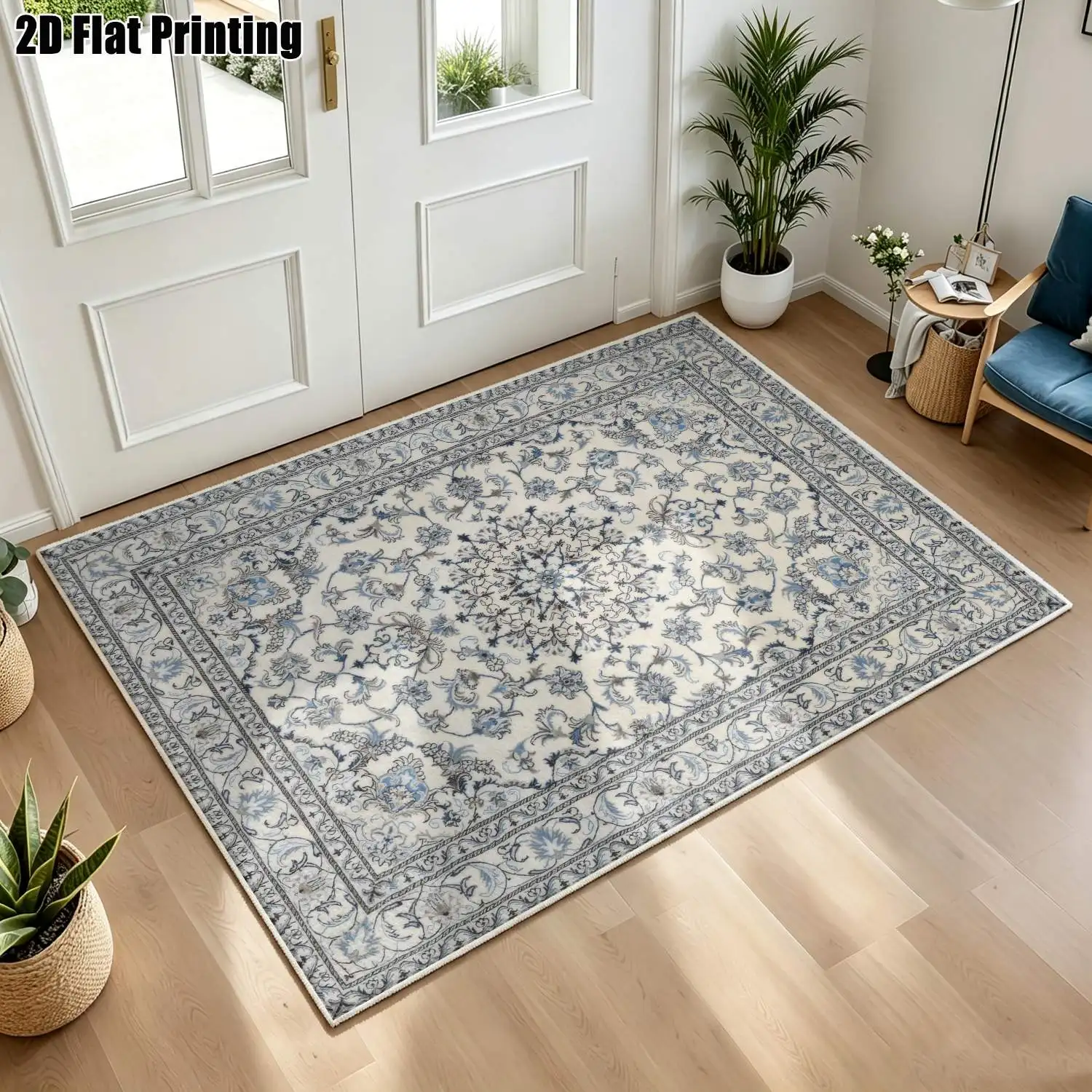 1Pc 2D Printed Blue-White Floral Velvet Carpet: Vintage, European, Bohemian Style, Machine Washable, Multi-Size for Home Decor, Multi-Scene Use