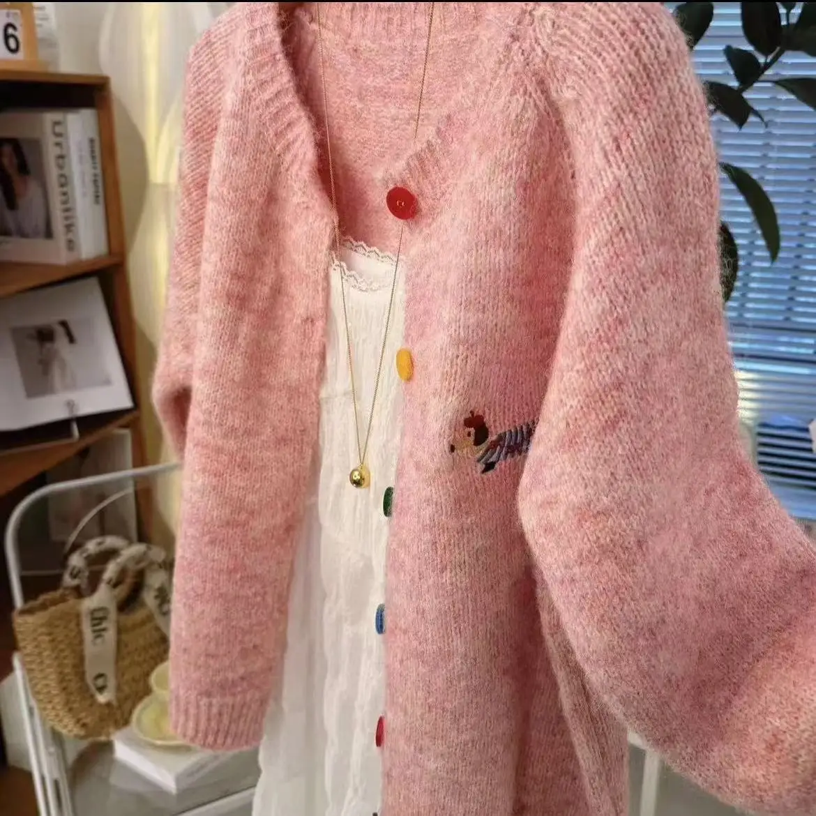 Cardigan Women Sweater 2025 New Fashion Round Button Embroidered Little Dog Animal Print Sweet Top women's Sweater Clothing