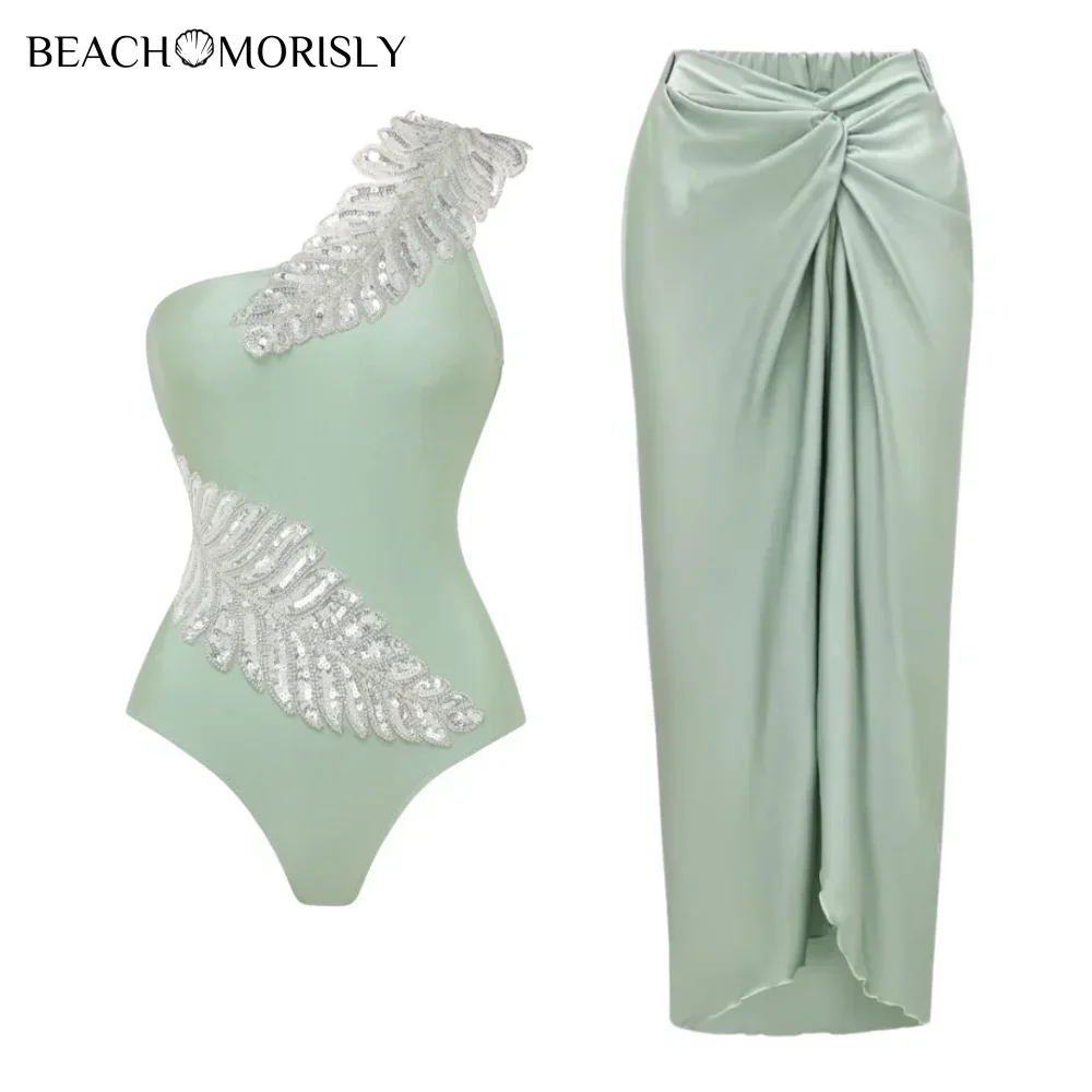 2024 New Women's swimsuit Sequin Leaf Embroidery One Piece Swimsuit Sarong  two-piece Swimwear Beachwear Bathing Suit bikini