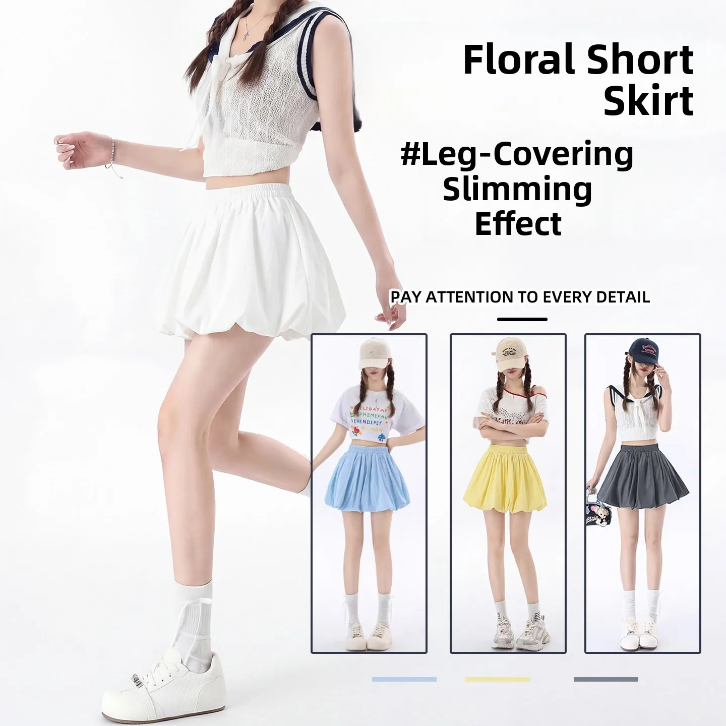 

White Korean Style Bloomer Half Skirt Women's Summer New High Waist Slim A-Line Loose Pumpkin Short Skirt Lazy Style Polyeste...