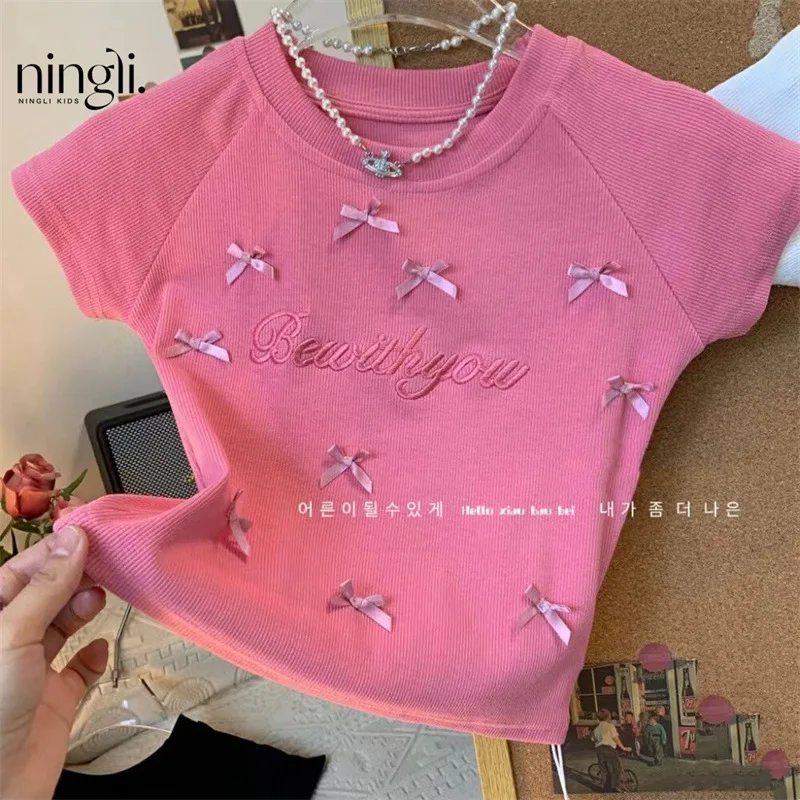 Camisa ajustada de manga corta con lazo para niña, ropa nueva de moda para niños, chaleco dulce, 24