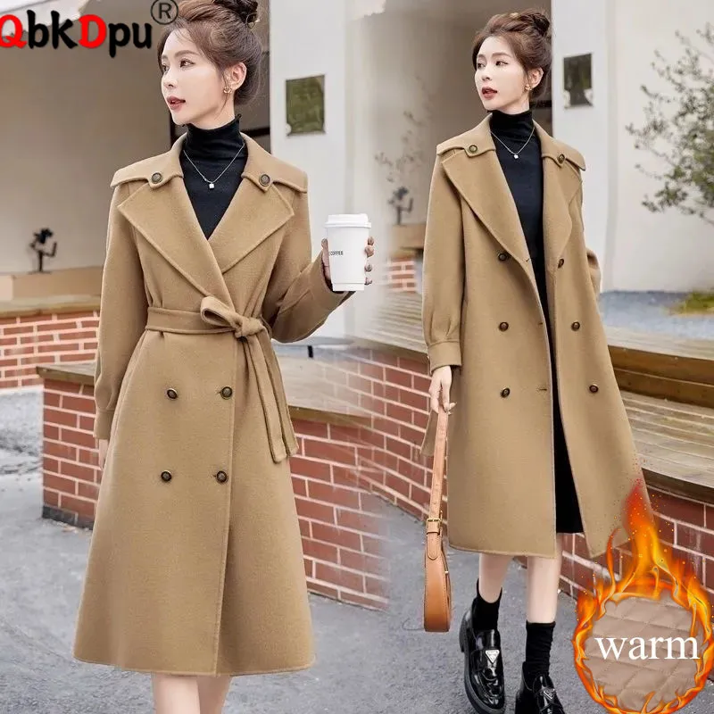 

Winter Warm Thicken Khaki Woolen Jackets With Belt Women Elegant Lapel Neck Double Breasted Abrigos Korean Long Sleeve Coats New