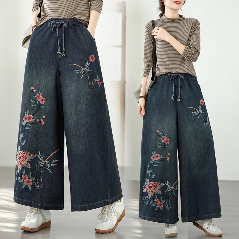 

Ретро этнические женские джинсы большого размера с вышивкой, тяжелые рабочие свободные утягивающие универсальные широкие джинсы с высокой талией, хлопок, полиэстер