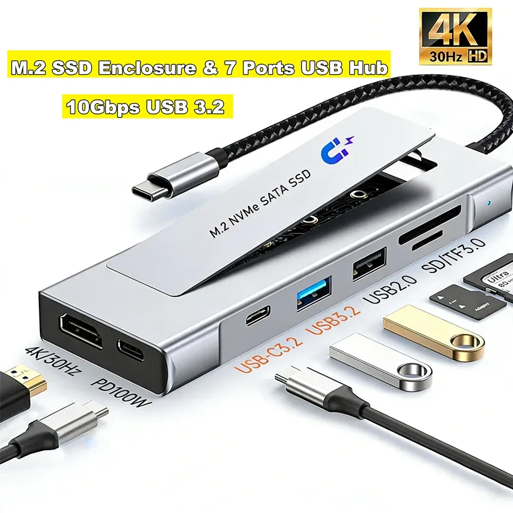 

Док-станция 8-в-1 для M.2 SSD с функцией хранения данных, USB-хаб, SATA+NVME, USB-C хаб, 4K30Hz/10Gbps/100W для ноутбуков и Macbook Pro