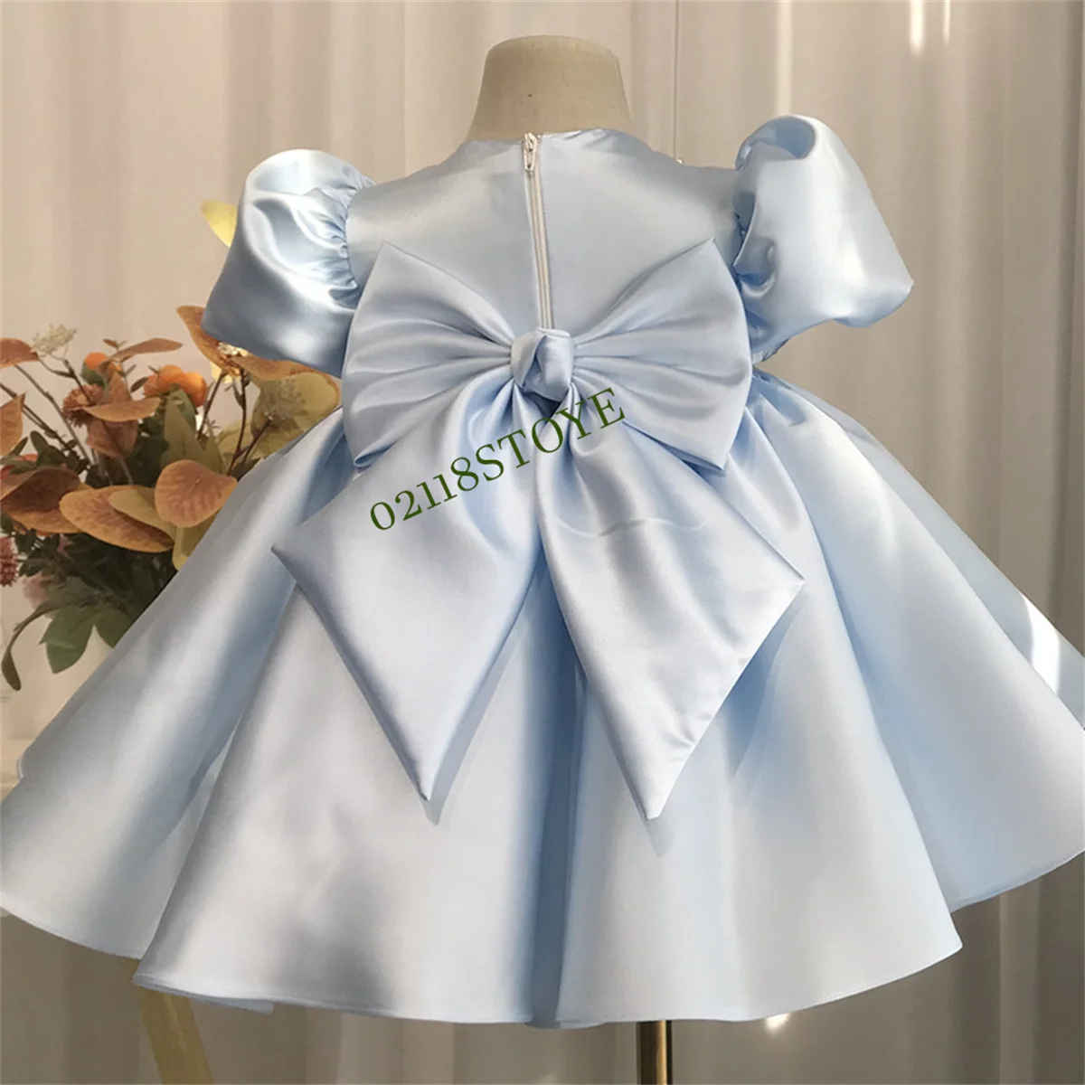 

Baby Girls Party Dress Kids Beading Puff Sleeves Plain Ball Gowns Children Baptism 1st Birthday Flower Girl Dresses for Wedding