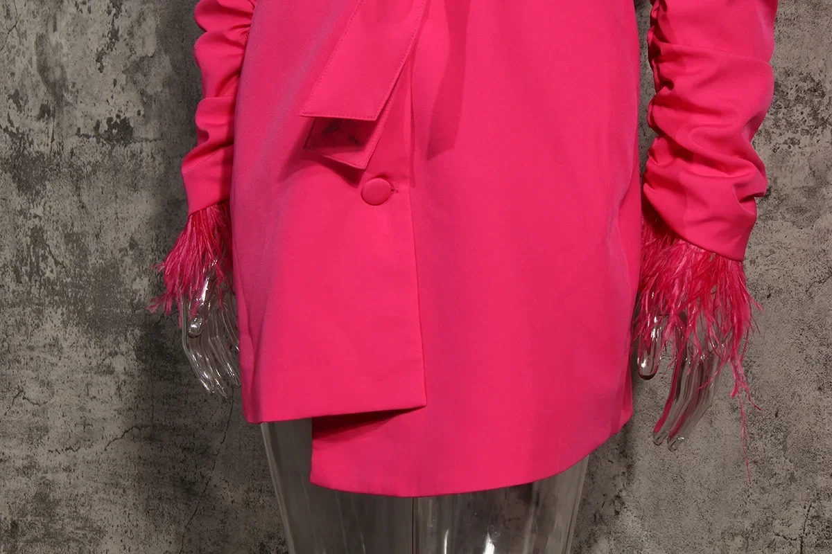 Blazer de penas rosa formal feminino e cinto, jaqueta longa, senhora do escritório, roupa de negócios, casaco menina, vestido de baile, moda, 1 peça