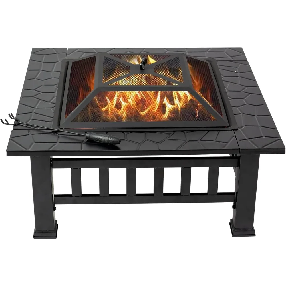 Outdoor Fire Pit Table, 32 inch Multifunction Metal Square Fire Pit in Black with Spark Screen Lid, Cooking Grate