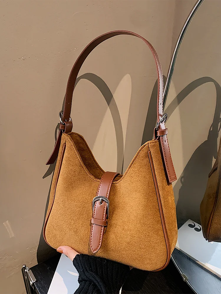 Autumn Winter Women Suede Shoulder Underarm Bag 2023 Popular Commuting Bucket Pack Trendy Ladies Crossbody Bag