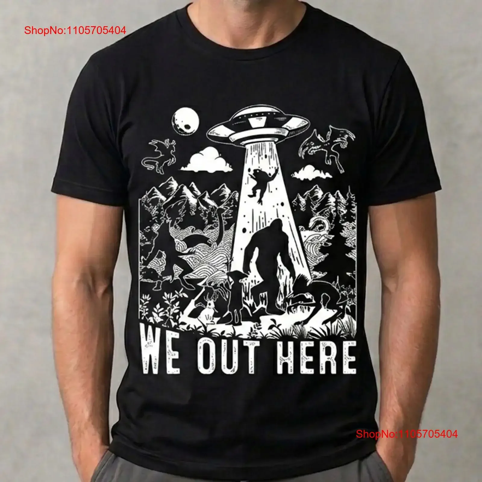 We Out Here Cryptid UFO T Shirt Funny Bigfoot Alien long or short sleeves vintage Washed streetwear Top For Everyday Wear