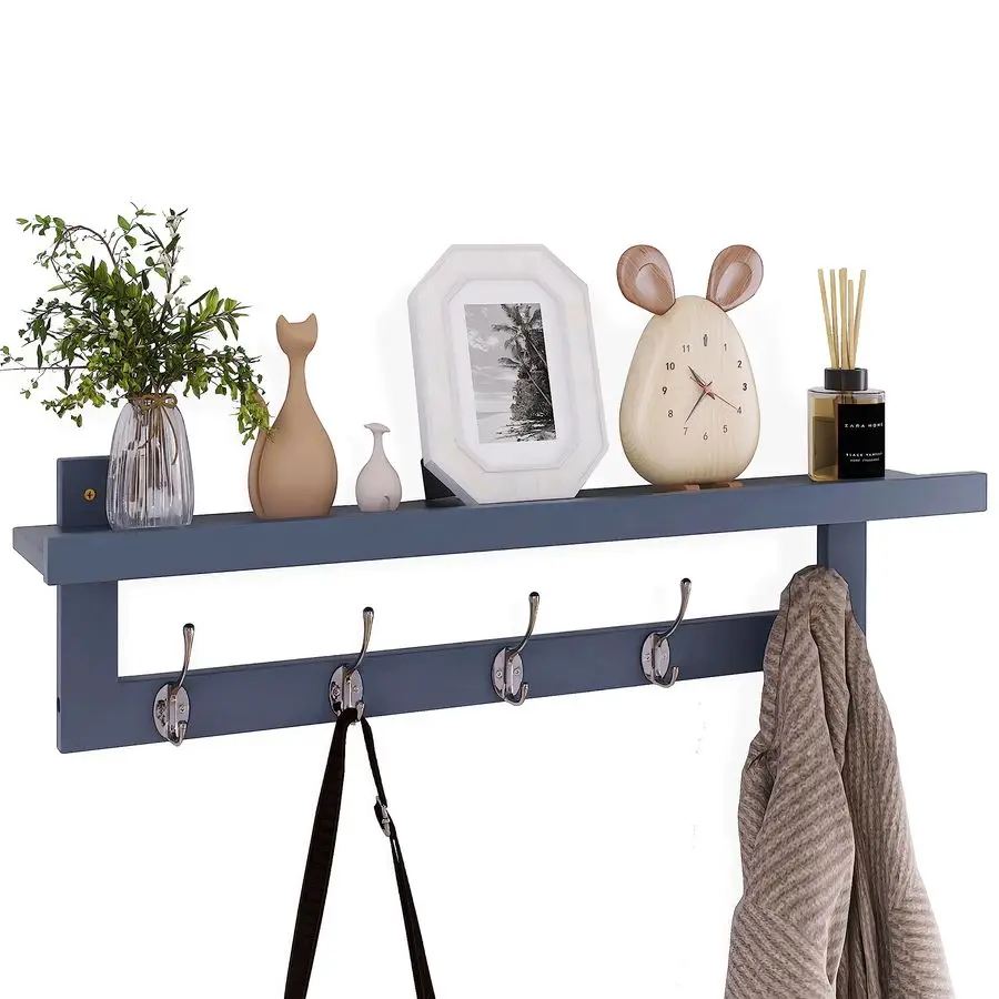 

Coat Hooks with Shelf WallMounted, 29.2 Inch Entryway Coat Rack for Wall, Bamboo Hanging Shelf with 5 Double Metal Hooks for Bat