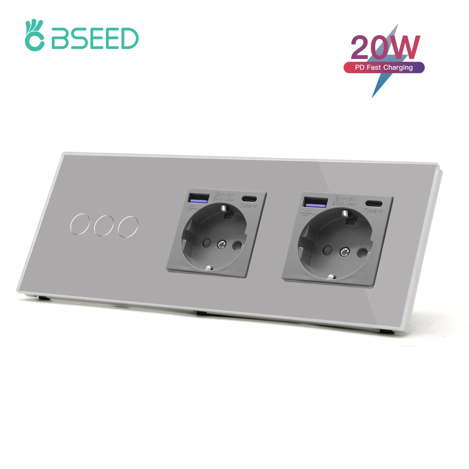 BSEED Touch Schalter 1/2/3Gang Mit Doppel EU Steckdosen Schnelle Ladung 20W Power Lieferung USB typ-c Steckdose Blau Hintergrundbeleuchtung