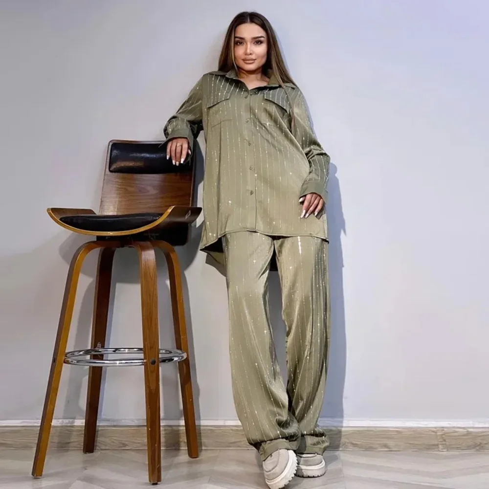 

2-Piece Satin Set for Women, Sexy Button, Long Sleeved Shirt, Casual Loose Pants, Spring and Summer Fashion