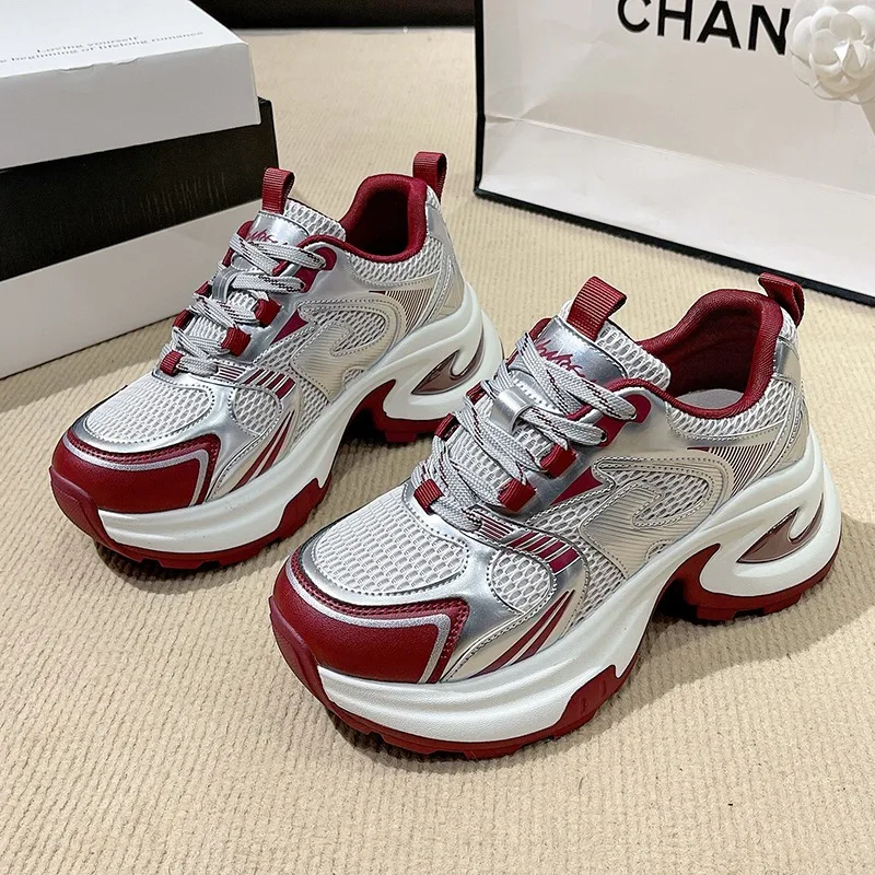 

Women's Chunky Sole Platform Sneakers Mixed Color Mesh Breathable Casual Shoes 2026 Spring Autumn Heightening Females Tennis