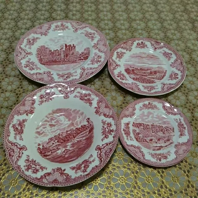 Ceramic Retro European Underglaze Color Red Castle Series Steak Plate Bread Flat Plate Dishes Dinner Dessert Party Tableware